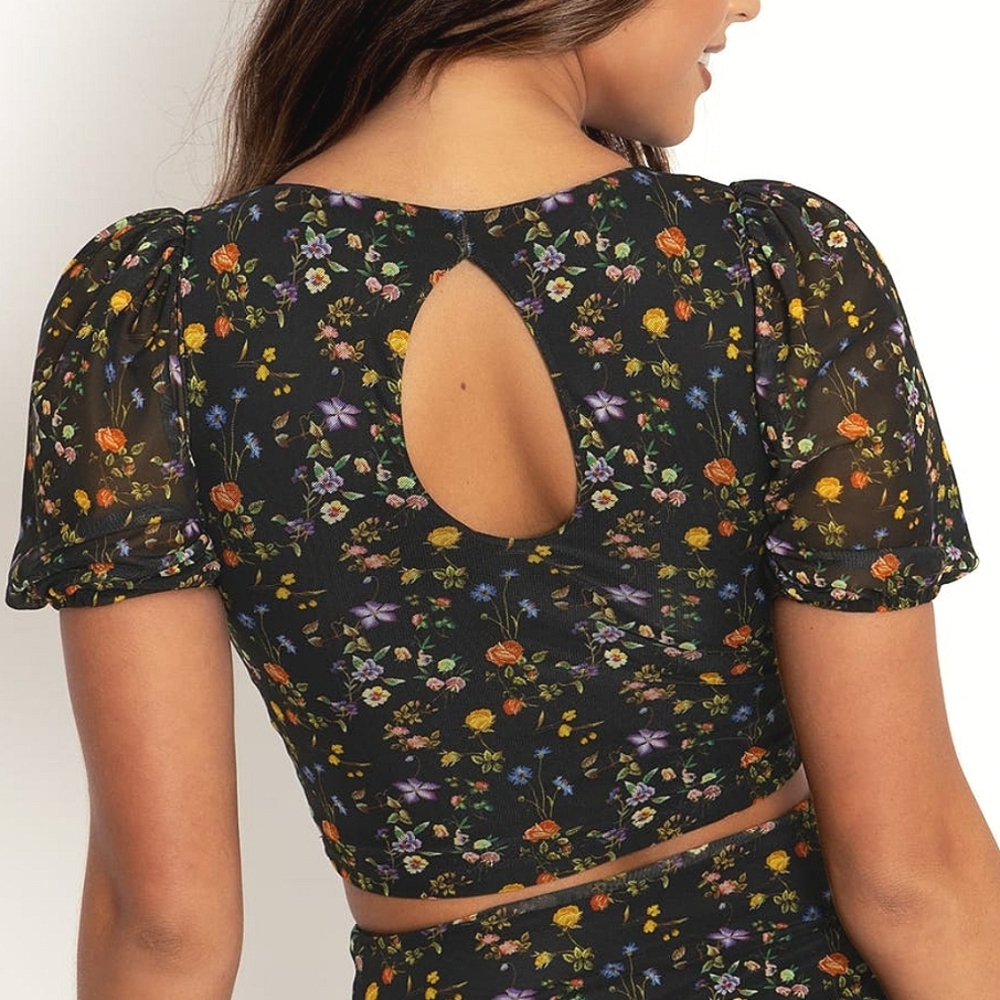Blackmilk Wild Fields Puff Sleeve Black Floral Mesh Fairycore Crop Top XXL - Picture 3 of 12